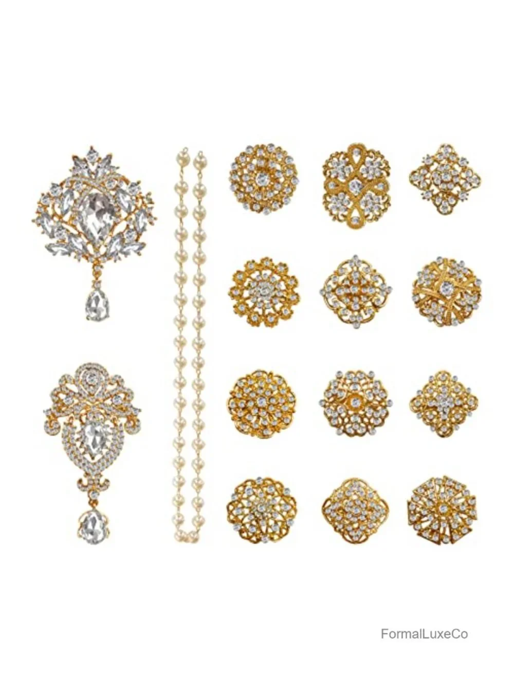 14 Pcs Rhinestone Brooch Pin Set Pearl Chain Bridal Bouquet Kit Gold